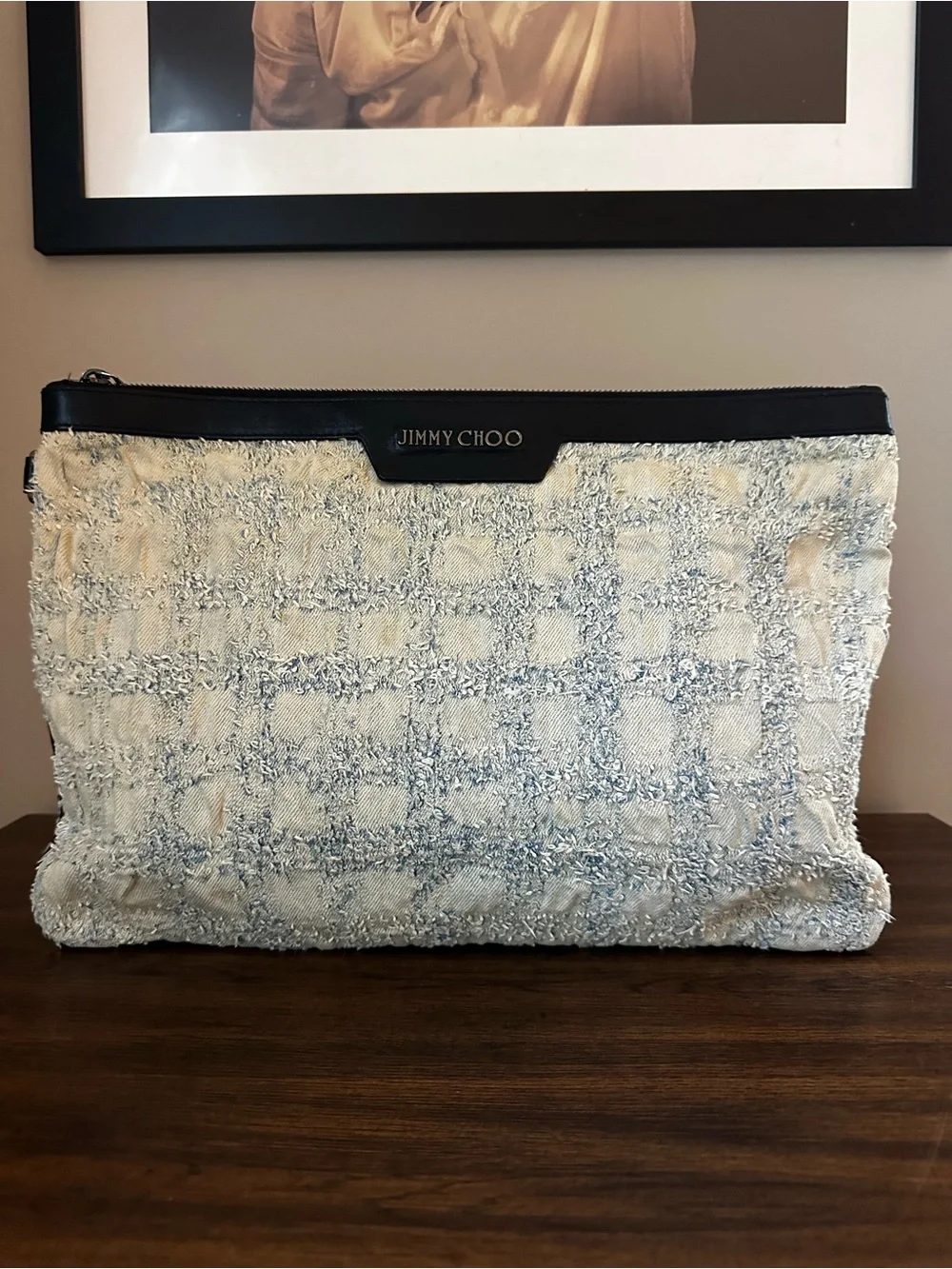Jimmy Choo Derek Textured Frayed Tweed & Denim Oversized Clutch